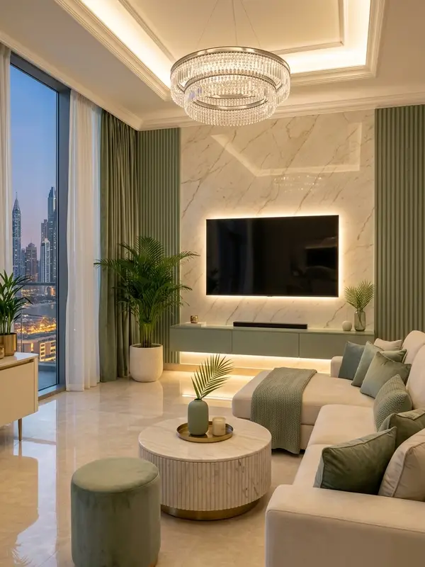 Sage green and cream living room concept