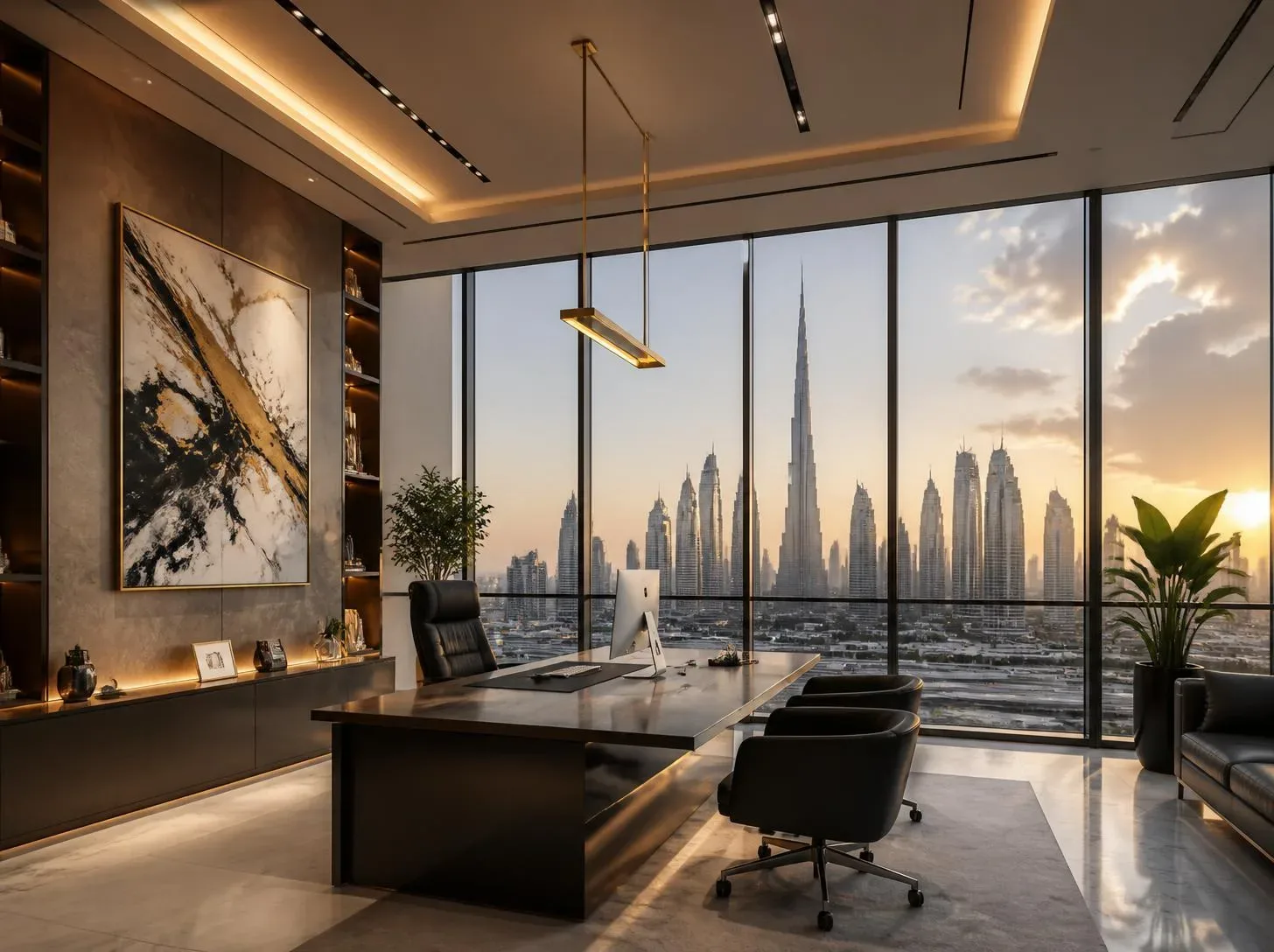 Concept render — an executive office fit-out overlooking Downtown Dubai