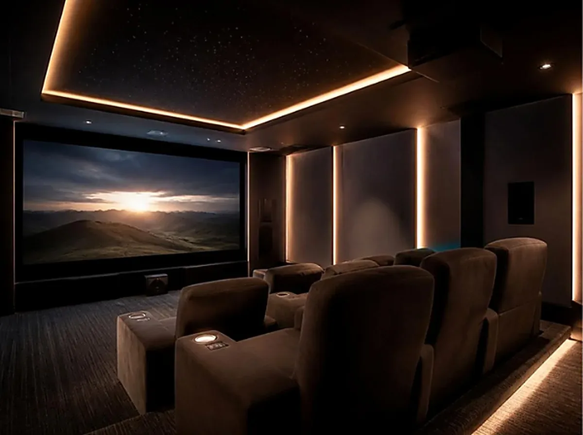 A private home cinema with a starlit ceiling and plush reclining seats