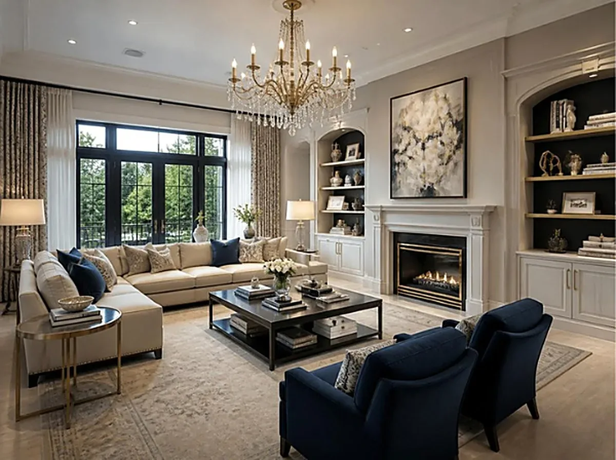 A luxury living room designed by NATS, with fireplace and chandelier
