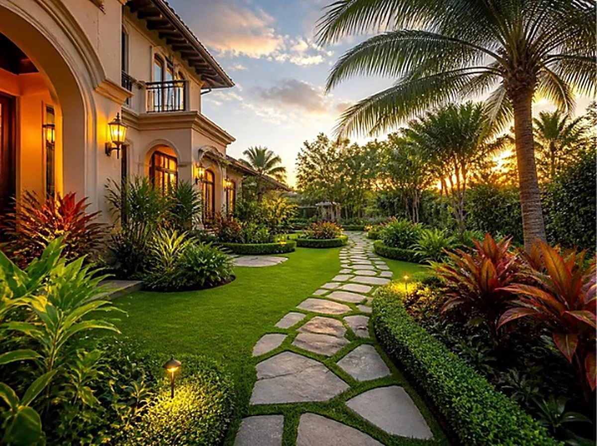 A landscaped villa garden with a stone pathway at dusk