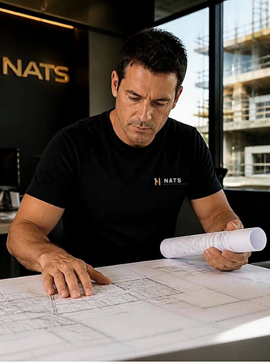 NATS project lead reviewing construction drawings